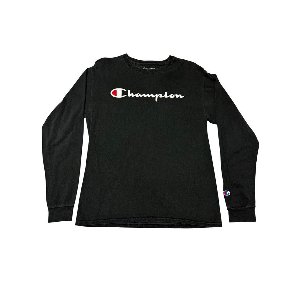 Champion Authentic Mens Long Sleeve Script Logo Graphic T-Shirt Black Medium